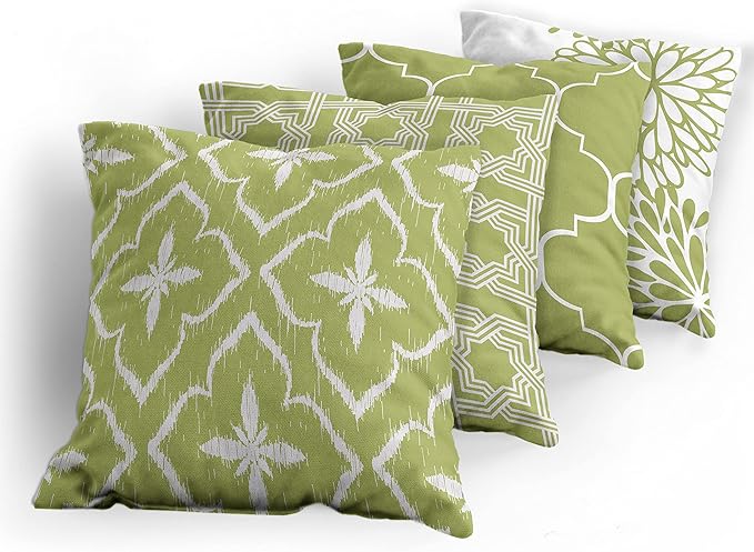 Ambesonne Vintage Throw Pillow Cushion Case Pack of 4, Monochrome Design Grid Trellis Quatrefoil Mesh and Dahlia Flowers Modern, Modern Accent Double-Sided Digital Printing, 16", Olive Green