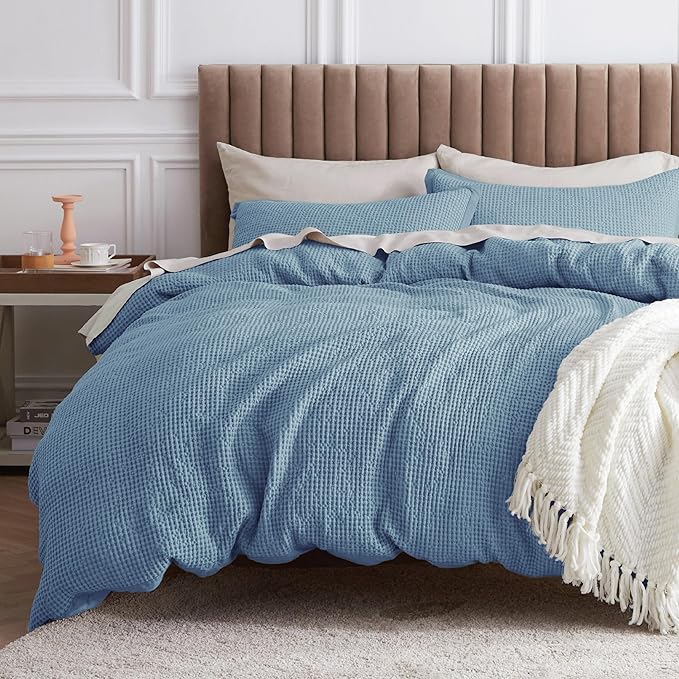 Bedsure Cotton Duvet Cover King - 100% Cotton Waffle Weave Grey Blue Duvet Cover King Size, GentleSoft™ and Breathable Bedding Set for All Season, 3 Pieces, 104"x90"