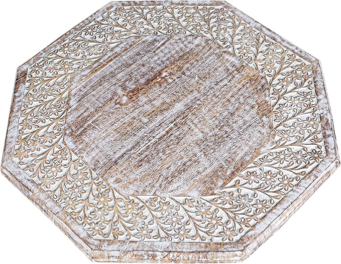 Hand Carved Wooden Octagon Coffee Table, 24"x24"x18" White wash Farmhouse Accent End Table, Rustic Foldable Side Table Nightstand for Bedroom, Dining Room & Living Room