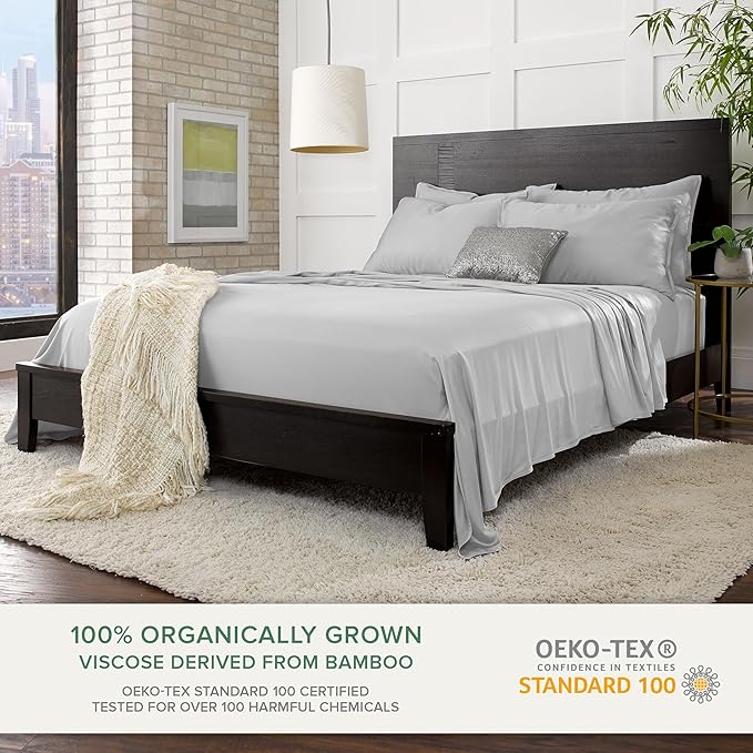 Twin XL Sheets by Pure Bamboo, Genuine 100% Organic Viscose Derived from Bamboo Bed Sheet Set, Luxuriously Soft & Cooling, Double Stitching, Lifetime Quality Promise (Twin XL, Silver Pearl)