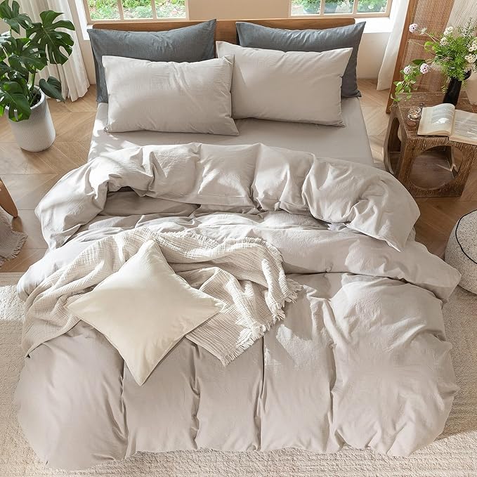 MooMee Bedding Duvet Cover Set 100% Washed Cotton Linen Like Textured Breathable Durable Soft Comfy (Solid Light Tan, Full 80"x90")