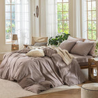 MooMee Bedding Duvet Cover Set 100% Washed Cotton Linen Like Textured Breathable Durable Soft Comfy (Heathered Mauve Brown, Palatial King/Oversized King 120"x98")