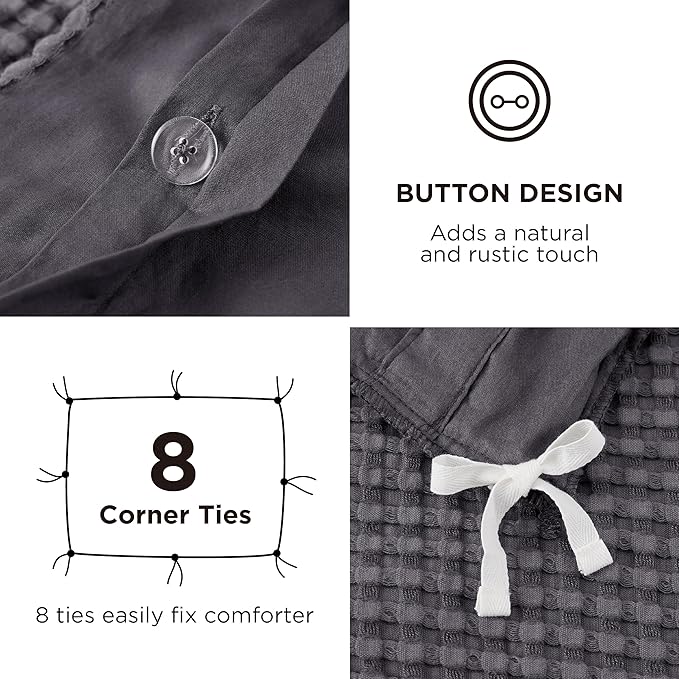 Bedsure Cooling Waffle Duvet Cover King - Cotton Blend Rayon Derived from Bamboo Duvet Cover Set for Hot Sleepers, Breathable Bedding Set with a Vintage Charm, 3 Pieces (Charcoal, King, 104"x90")