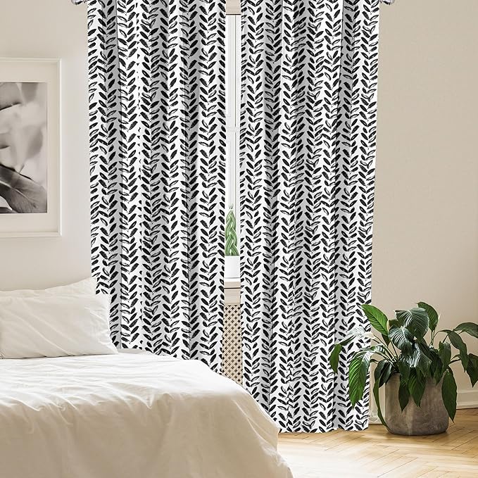 Ambesonne Black and White Window Curtains, Modern Grunge Botany Motif Monochrome Brush Paint Style Strokes, Lightweight Decor 2-Panel Set with Rod Pocket, Pair of - 28" x 84", White and Black