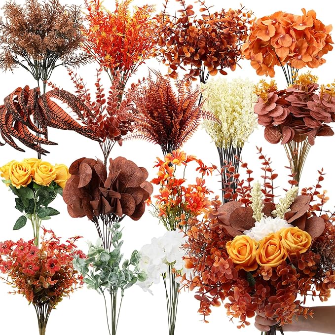 250 Pcs Artificial Fall Greenery Thanksgiving Eucalyptus Leave Floral Stems Silver Dollar Flower Bulk Fake Faux UV Resistant Shrubs Bushes DIY Bouquet Vase Floral Arrangement Table Decor