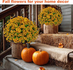 Artificial Fall Flowers for Outdoors Fake Mums - 16 Bundles Faux Plants Outside Greenery Boxwood No Fade Plastic Shrubs Decor Farmhouse Home Garden Thanksgiving (Yellow)