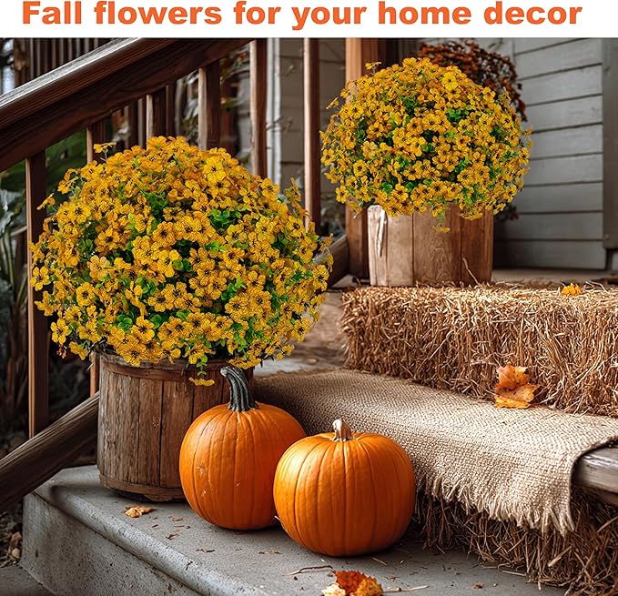 Artificial Fall Flowers for Outdoors Fake Mums - 16 Bundles Faux Plants Outside Greenery Boxwood No Fade Plastic Shrubs Decor Farmhouse Home Garden Thanksgiving (Yellow)