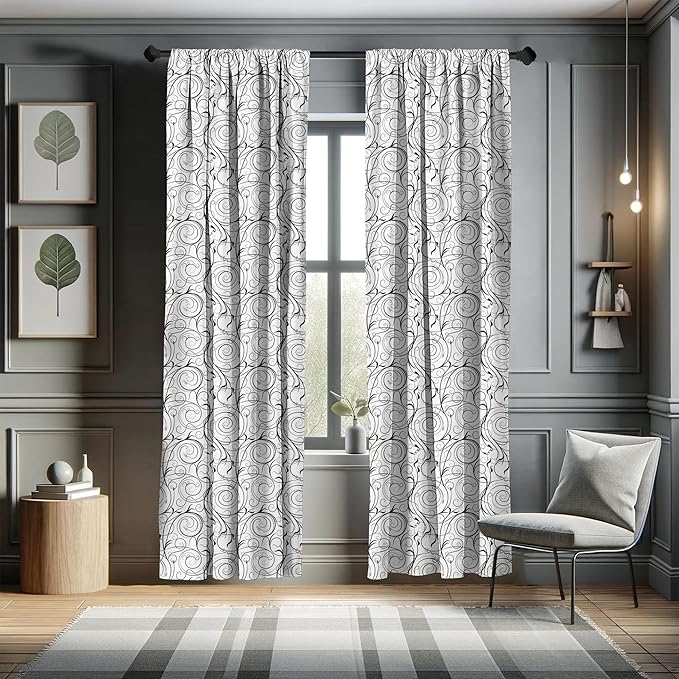 Ambesonne Black and White Curtains, Scribble Swirling Motifs Spiral Floral Stems Modern Abstract Scroll, Window Treatments 2 Panel Set for Living Room Bedroom, Pair of - 28" x 84", White Charcoal Grey
