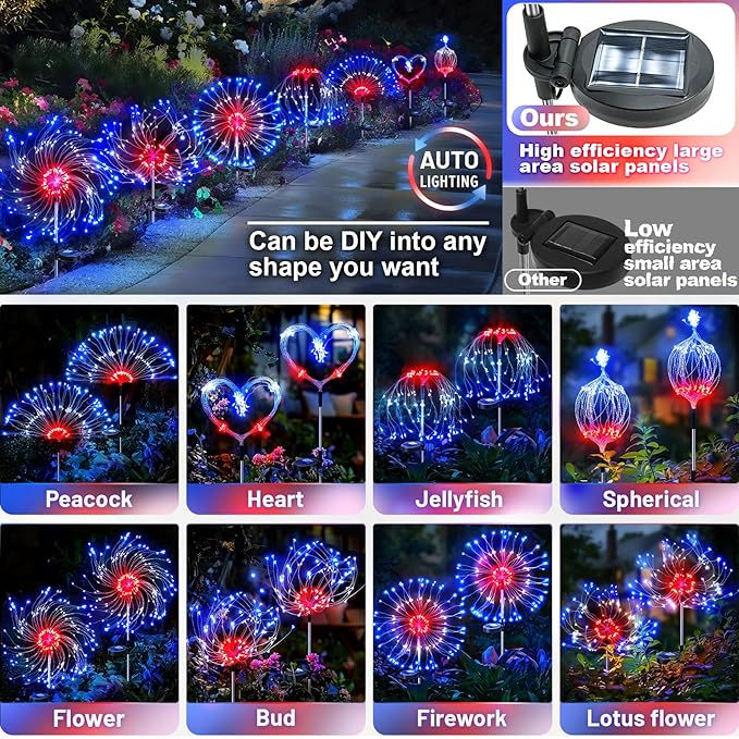 Anordsem Solar Lights Outdoor Waterproof: Garden Light Solar Powered for Yard Outside - LED Sparkler Fireworks Colorful Lighting Patio Decor 6 Pack - Gardening Gifts for Women Men Gardener