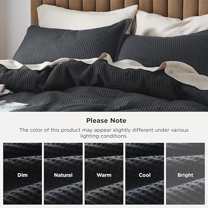 Bedsure Cotton Duvet Cover King - 100% Cotton Waffle Weave Charcoal Duvet Cover King Size, GentleSoft™ and Breathable Bedding Set for All Season, 3 Pieces, 104"x90"
