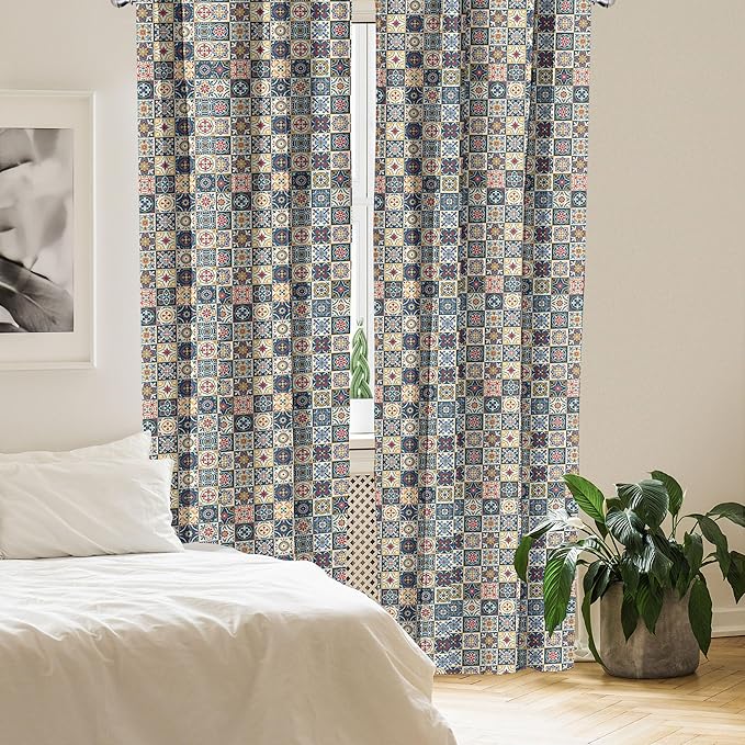Ambesonne Moroccan Window Curtains, Portuguese Azulejo Checkered Squares Colorful Pattern Floral Arrangement, Lightweight Decor 2-Panel Set with Rod Pocket, Pair of - 28" x 95", Dark Blue Amber Red