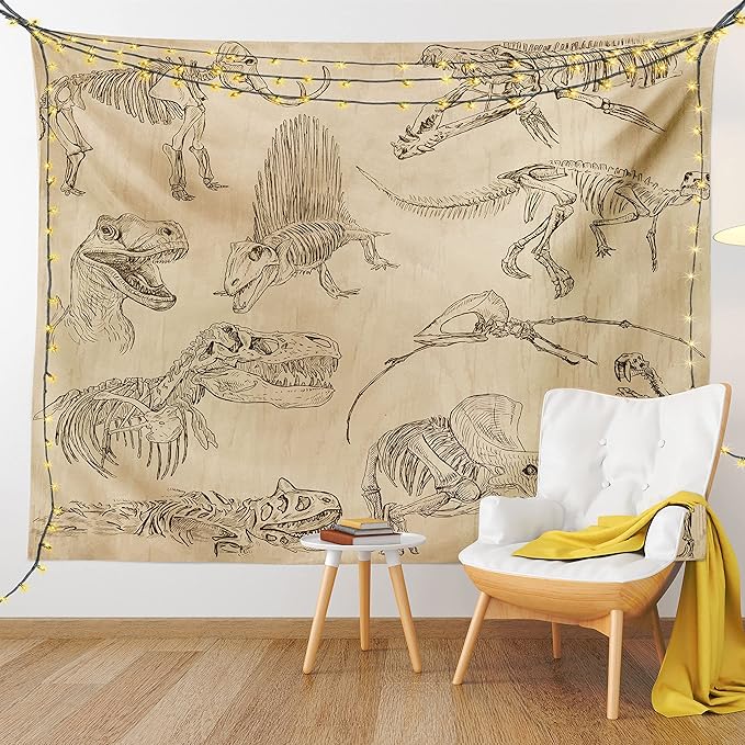 Lunarable Dinosaur Tapestry, Hand Drawn Style Skeletons Bones from Medieval Times Archeology Theme, Wall Hanging for Bedroom Living Room Dorm Decor, 40" X 60", Sand Brown Army Green