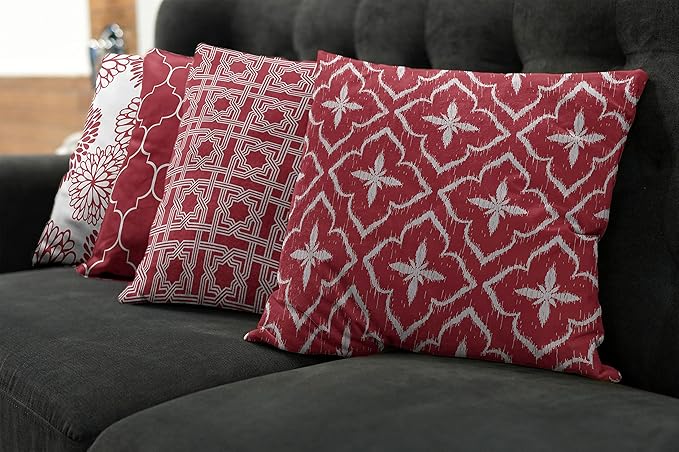 Ambesonne Vintage Throw Pillow Cushion Case Pack of 4, Monochrome Design Grid Trellis Quatrefoil Mesh and Dahlia Flowers Modern Print, Modern Accent Double-Sided Digital Printing, 18", Ruby and White