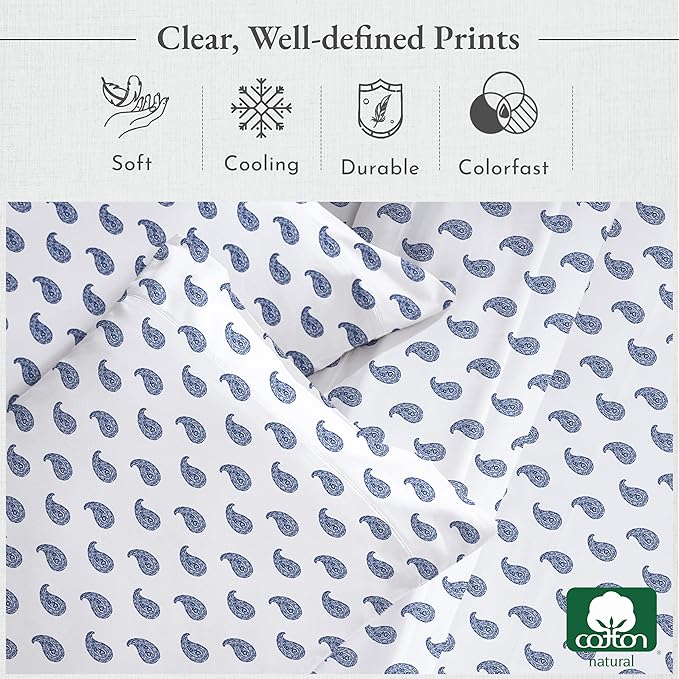 California Design Den Printed Twin XL Sheet Sets - 400 Thread Count Sateen, Natural 100% Cotton Sheets Set, Deep Pockets, Cooling and Durable Bedding Set - Paisley Blue