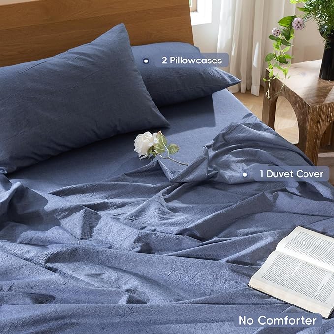 MooMee Bedding Duvet Cover Set 100% Washed Cotton Linen Like Textured Breathable Durable Soft Comfy (Heathered Blue, Cal King 104"x98")