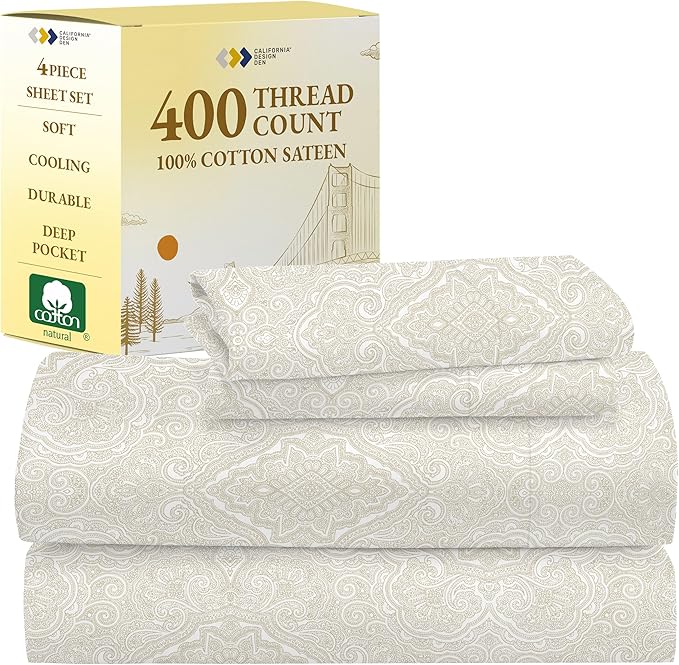 California Design Den Queen Sheet Set - 400 Thread Count Sateen, Deep Pocket Natural 100% Cotton Sheets, Deep Pocket Cooling and Durable Bedding - Paisley Pattern, Beige
