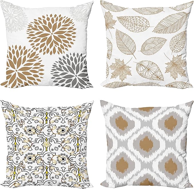 Ambesonne Vintage Throw Pillow Cushion Case Pack of 4, Bohemian Ornamental Leaves Dahlia Pattern Geometric Art Curlicue, Modern Accent Double-Sided Digital Printing, 18", Pale Brown Grey White