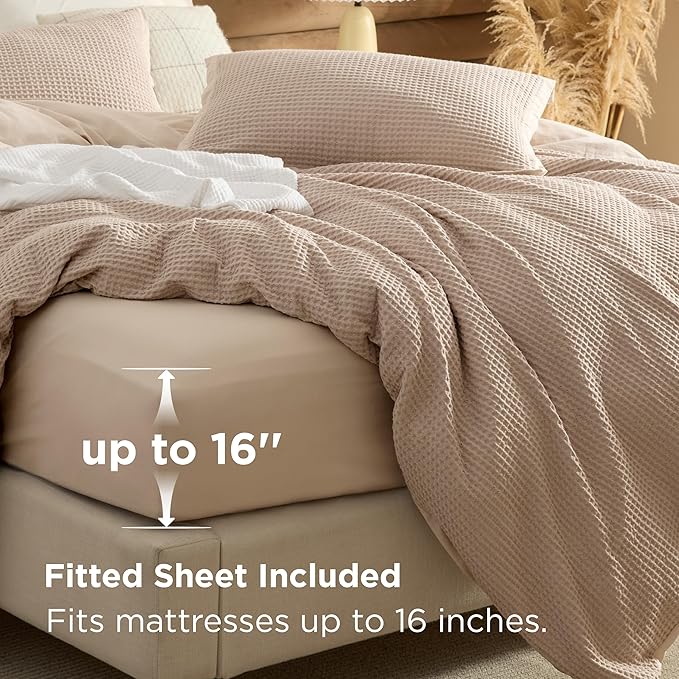 Bedsure 100% Cotton Duvet Cover Queen Size with Fitted Sheet - 4 Pieces Khaki Waffle Weave Bedding Set, GentleSoft™ and Breathable, Includes 1 Duvet Cover 90x90, 1 Fitted Sheet, 2 Pillow Shams