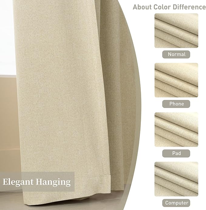 KangBang Wide 60" Sliding Door Blackout Curtains, Dual-Sided Linen Large Window Drapes for Sliding Glass Door Living Room, Room Darkening UV Protection Curtains 2 Panels,60x102 Inch, Natural Beige