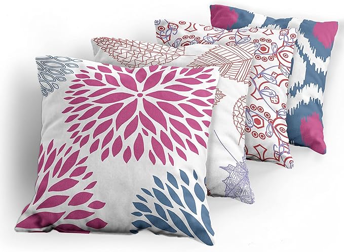 Ambesonne Vintage Throw Pillow Cushion Case Pack of 4, Bohemian Ornamental Leaves Dahlia Pattern Geometric Art Curlicue Motif, Modern Accent Double-Sided Digital Printing, 24", Pink and Dark Sky Blue