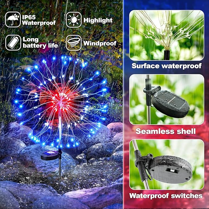 Anordsem Solar Lights Outdoor Waterproof: Garden Light Solar Powered for Yard Outside - LED Sparkler Fireworks Colorful Lighting Patio Decor 8 Pack - Gardening Gifts for Women Men Gardener