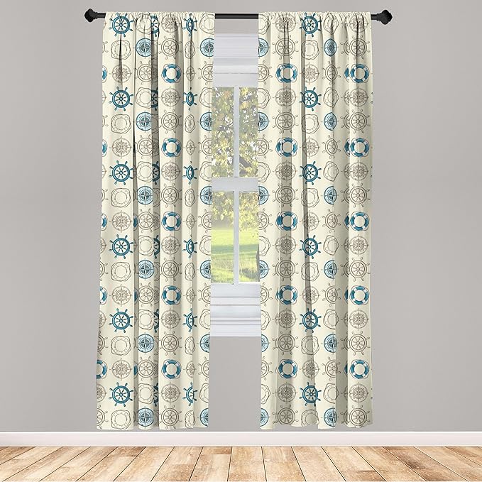 Ambesonne Compass Window Curtains, Marine Themed Doodle Art Vintage Inspirations Traveling Exploration Cruise Pattern, Lightweight Decor 2-Panel Set with Rod Pocket, Pair of - 28" x 63", Beige Teal