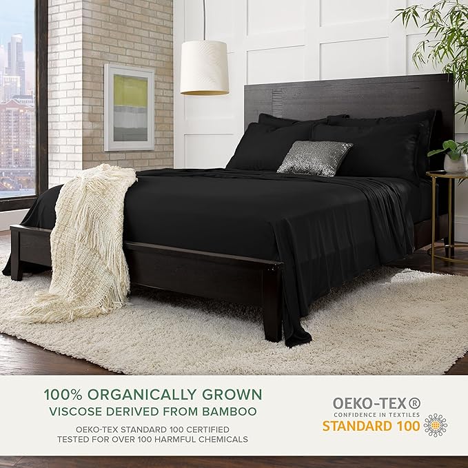 Twin Sheets by Pure Bamboo, Genuine 100% Organic Viscose Derived from Bamboo Bed Sheet Set, Luxuriously Soft & Cooling, Double Stitching, Lifetime Quality Promise (Twin, Black)
