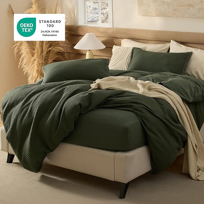 Bedsure 100% Cotton Duvet Cover Queen Size with Fitted Sheet - 4 Pieces Olive Green Waffle Weave Bedding Set, GentleSoft™ and Breathable, Includes 1 Duvet Cover 90x90, 1 Fitted Sheet, 2 Pillow Shams