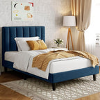 Allewie Twin Bed Frame/Velvet Upholstered Bed Frame with Vertical Channel Tufted Headboard/Strong Wooden Slats/Platform Bed Frame/Mattress Foundation/Box Spring Optional/Easy Assembly/Navy Blue