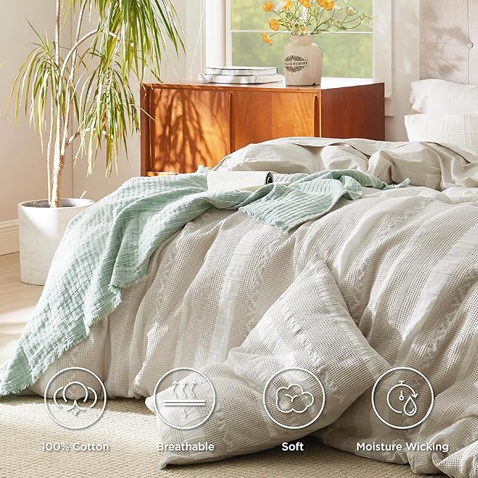 Bedsure Waffle Weave Duvet Cover Queen - 100% Cotton Boho Duvet Cover with 2 Pillowcases - Linen Color Textured Comforter Cover with Zipper Closure (Queen, 90"x90")