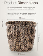 4 Gallons Wicker Waste Basket For Bathroom - Water Hyacinth Wicker Trash Can – Kitchen, Home Bathroom Garbage Can, Oval Magazine Basket - Desk Trash Can, Office Garbage Can with Handles (Black)