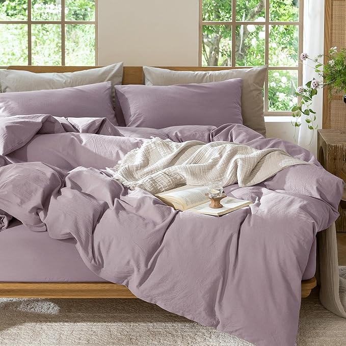 MooMee Bedding Duvet Cover Set 100% Washed Cotton Linen Like Textured Breathable Durable Soft Comfy (Solid Taro Purple, King 104"x90")