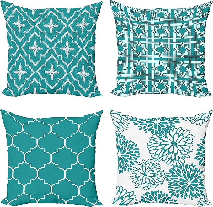 Ambesonne Vintage Throw Pillow Cushion Case Pack of 4, Monochrome Design Grid Trellis Quatrefoil Mesh and Dahlia Flowers Modern Print, Modern Accent Double-Sided Digital Printing, 20", Teal and White