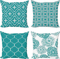 Ambesonne Vintage Throw Pillow Cushion Case Pack of 4, Monochrome Design Grid Trellis Quatrefoil Mesh and Dahlia Flowers Modern Print, Modern Accent Double-Sided Digital Printing, 24", Teal and White