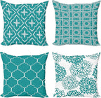 Ambesonne Vintage Throw Pillow Cushion Case Pack of 4, Monochrome Design Grid Trellis Quatrefoil Mesh and Dahlia Flowers Modern Print, Modern Accent Double-Sided Digital Printing, 24", Teal and White