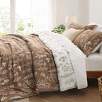Bedsure Queen Comforter Set - Brown Bed Set, 3 Pieces Cute Floral Bedding, 1 Soft Reversible Botanical Flowers Comforter and 2 Pillow Shams