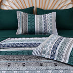 Cottolester Boho Comforter Set King Size,8 Pieces Emerald Green Bohemian Striped Bed in a Bag,Paisley Soft Microfiber Bedding Comforter Set