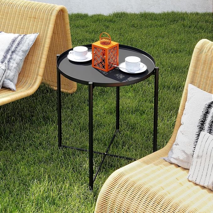 HollyHOME Round Metal Side Table, Outdoor Small Folding Accent Stand with Removable Tray, 17.72'' Portable End Table for Balconies, Gardens, Living Rooms and Bedrooms, Black