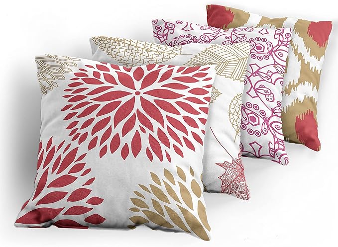 Ambesonne Vintage Throw Pillow Cushion Case Pack of 4, Bohemian Ornamental Leaves Dahlia Pattern Geometric Art Curlicue Motif, Modern Accent Double-Sided Digital Printing, 20", Dark Pink and Camel