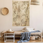 Lunarable Dinosaur Tapestry Twin Size, Hand Drawn Style Skeletons Bones from Medieval Times Archeology Theme, Wall Hanging Bedspread Bed Cover Wall Decor, Twin Size, Sand Brown Army Green
