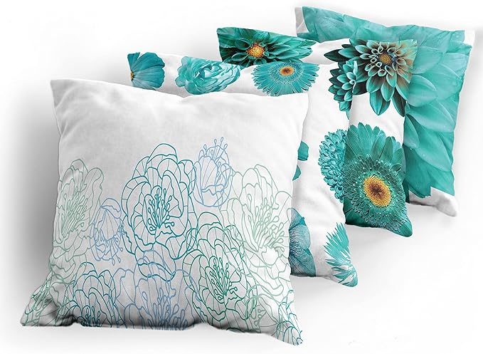 Ambesonne Floral Throw Pillow Cushion Case Pack of 4, Modern Design Flowers in Aquatic Color Palette Cold Toned Leaves Print, Modern Accent Double-Sided Digital Printing, 20", White Turquoise