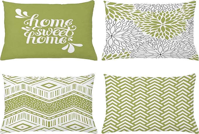 Ambesonne Geometric Throw Pillow CushiCase Pack 4, Home Phrase Minimal Zigzag Squama Dahlia Flower Petals ChevrTribal, Modern Accent Double-Sided Digital Printing, 20" x 12", Green and White