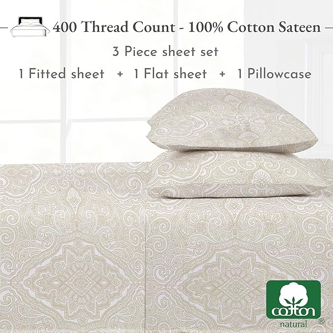 California Design Den Deep Pocket Twin Sheets Set - 400 Thread Count Sateen, Natural 100% Cotton Sheets, Cooling and Durable Bedding Set - Paisley Beige