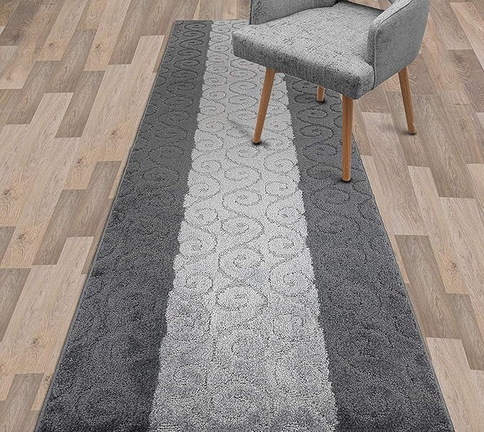 Custom Size Modern Runner Rug Carpet for Hallway Entryway Foyer Kitchen, Slip Resistant Latex Rubber Backed 31 inch Wide X Customized Length, Scroll Grey, 31 inch X 13 feet