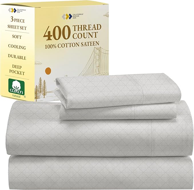 California Design Den Deep Pocket Twin Sheets Set - 400 Thread Count Sateen, Natural 100% Cotton Bed Sheets, Deep Pocket Cooling and Durable Bedding Set - Taupish-Sage Crosshatch