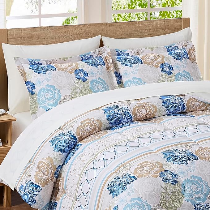 Floral Comforter Set King Size with Sheets Bed in a Bag – Deep Pocket Fitted Sheet with Elastic Corners, Cozy Comforter, Pillowcases & Shams – Soft Microfiber All Season Bedding – Machine Washable