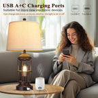 QiMH Table Lamp for Bedroom with USB A+C Ports, Farmhouse Bedside Lamp with Night Light, 3-Way Dimmable Touch Control, Rustic Industrial Nightstand Lamp for Living Room,1 Pack (2700K Bulbs Included)