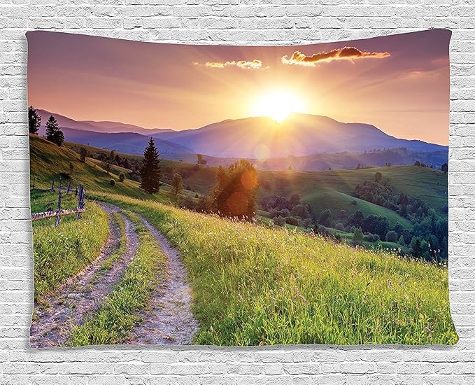 Ambesonne Landscape Tapestry, Sunset in The Mountain Landscape Rural Road Forest Countryside Wonderland Print, Wide Wall Hanging for Bedroom Living Room Dorm, 60" X 40", Green Lilac