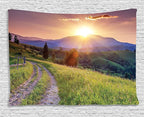 Ambesonne Landscape Tapestry, Sunset in The Mountain Landscape Rural Road Forest Countryside Wonderland Print, Wide Wall Hanging for Bedroom Living Room Dorm, 80" X 60", Green Lilac