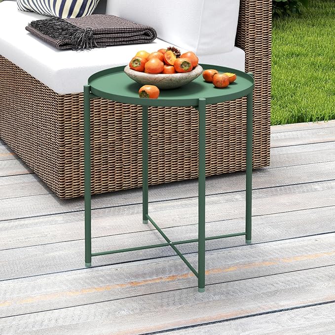 HollyHOME Round Metal Side Table, Outdoor Small Folding Accent Stand with Removable Tray, 17.72'' Portable End Table for Balconies, Gardens, Living Rooms and Bedrooms, Atrovirens